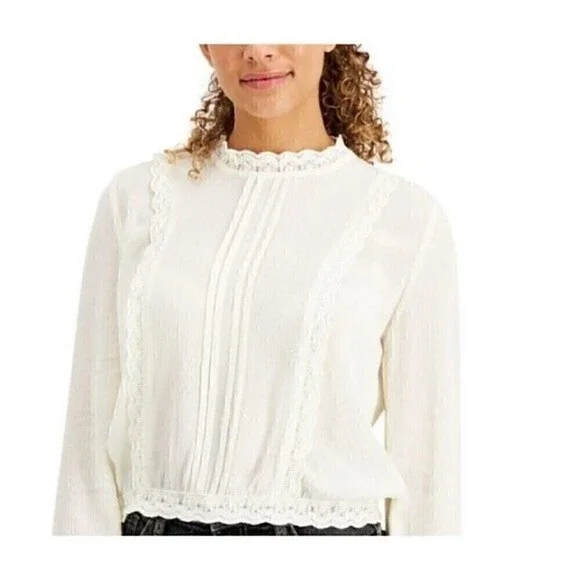 New Self Esteem Junior's Pleated Lace Trim Blouse White XS, L - Picture 2 of 6